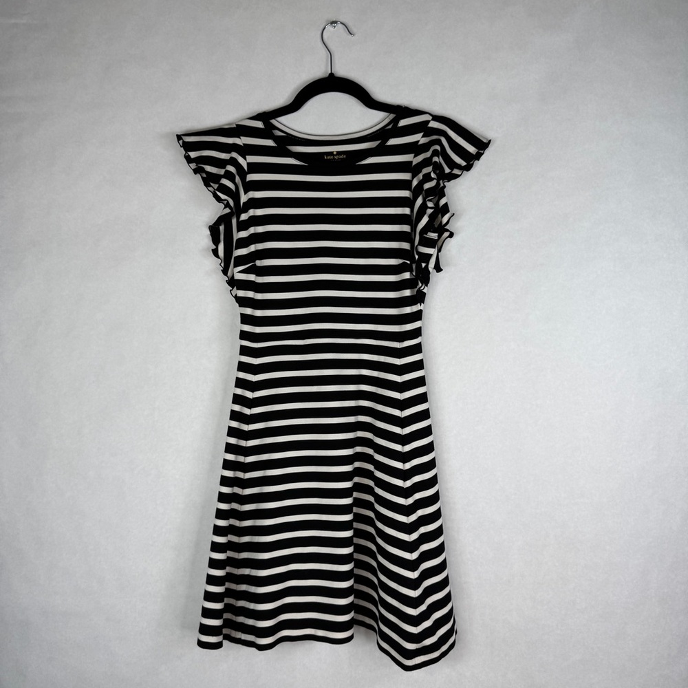 KATE SPADE Black & White Striped Flutter Sleeve Dress - NJMU8613 - Sz XS